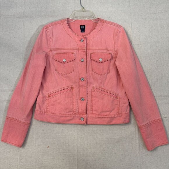 Gap Coral Pink Denim Jean Cropped Jacket L Frenched Cuff Detail Collarless - Picture 1 of 14